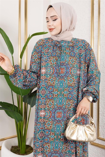 Büyük Beden Desenli Elbise TURKUAZ - Thumbnail