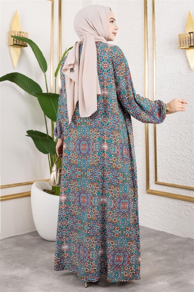 Büyük Beden Desenli Elbise TURKUAZ - Thumbnail