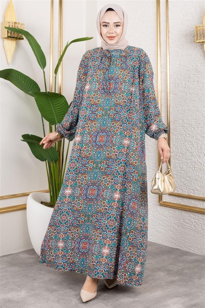SGS - Büyük Beden Desenli Elbise TURKUAZ
