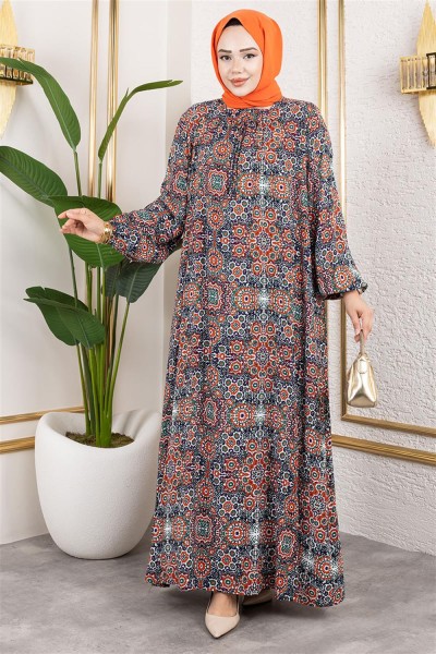 Büyük Beden Desenli Elbise ZÜMRÜT YEŞİLİ - Thumbnail