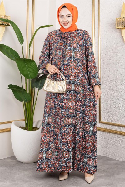 Büyük Beden Desenli Elbise ZÜMRÜT YEŞİLİ - Thumbnail