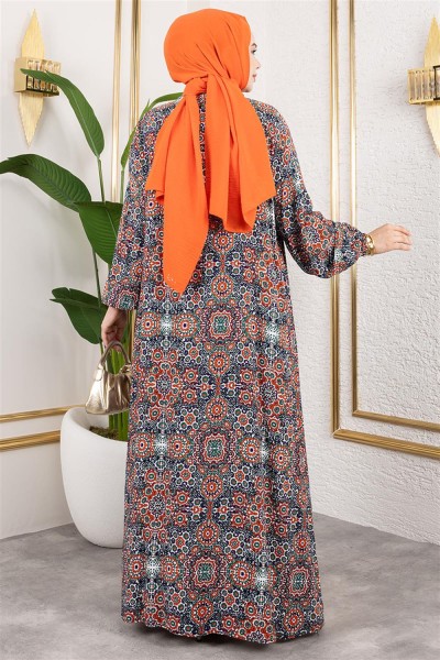 Büyük Beden Desenli Elbise ZÜMRÜT YEŞİLİ - Thumbnail