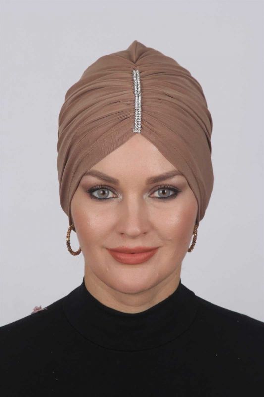Büzgülü Taşlı Bone  Caramel - 1