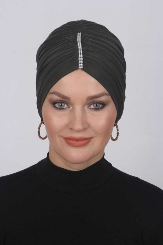 Büzgülü Taşlı Bone  Haki - 1