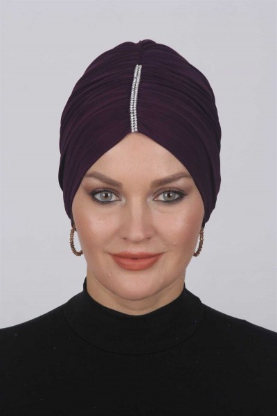 Moda Çizgi - Büzgülü Taşlı Bone Mürdüm