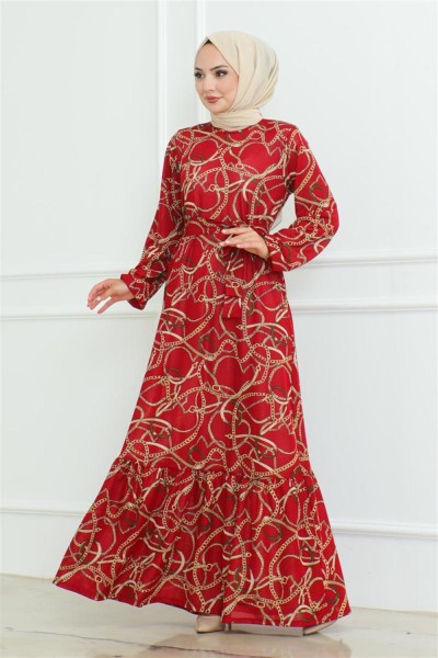 MYS - Büzgülü Zincir Desenli Elbise BORDO