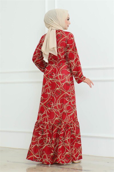 Büzgülü Zincir Desenli Elbise BORDO - Thumbnail