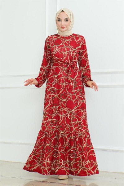 Büzgülü Zincir Desenli Elbise BORDO - Thumbnail