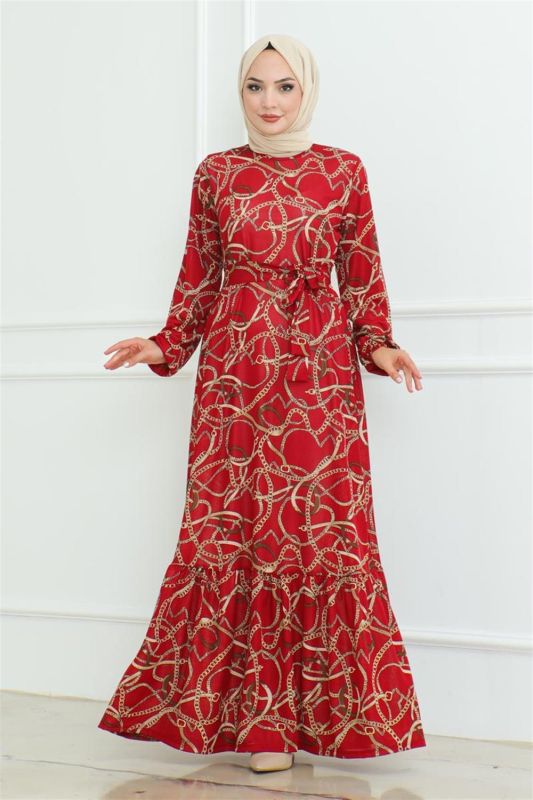 Büzgülü Zincir Desenli Elbise BORDO - 4