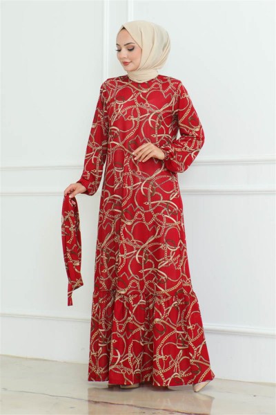 Büzgülü Zincir Desenli Elbise BORDO - Thumbnail