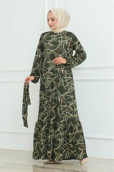 Büzgülü Zincir Desenli Elbise HAKİ - Thumbnail