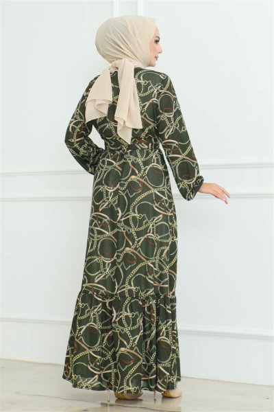 Büzgülü Zincir Desenli Elbise HAKİ - Thumbnail