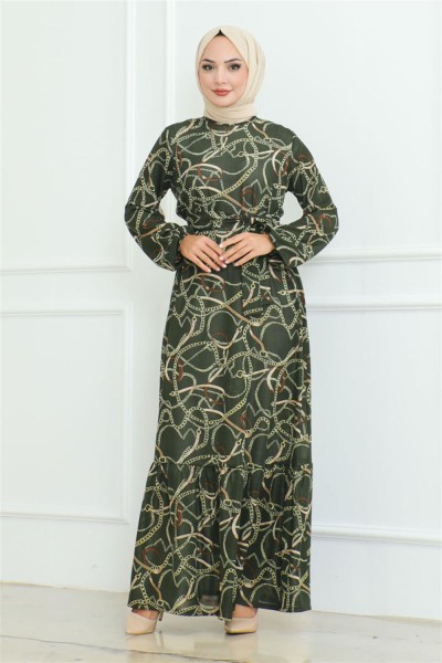 Büzgülü Zincir Desenli Elbise HAKİ - Thumbnail