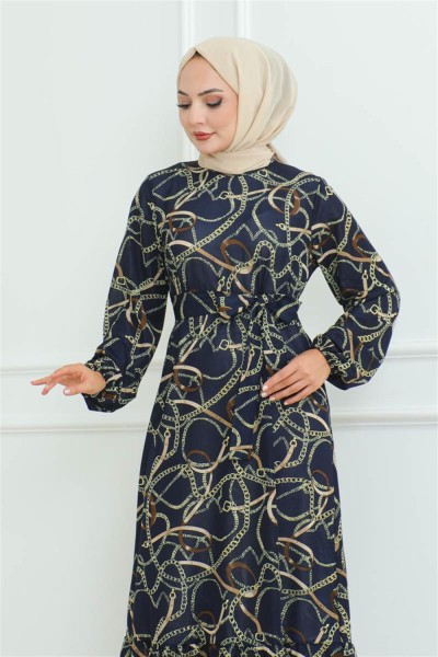 Büzgülü Zincir Desenli Elbise LACİVERT - Thumbnail