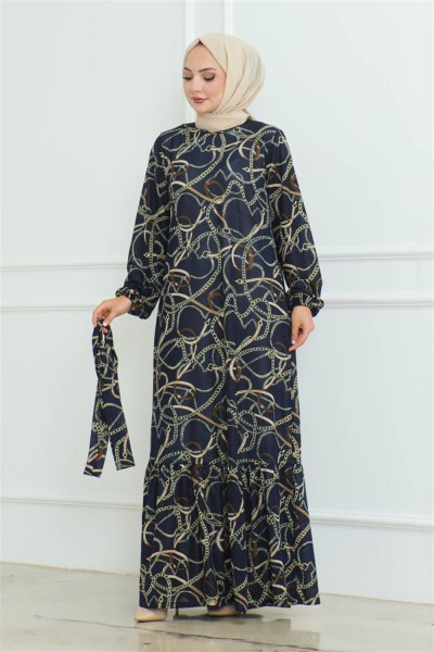 Büzgülü Zincir Desenli Elbise LACİVERT - Thumbnail