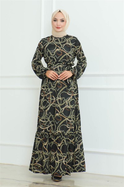 Büzgülü Zincir Desenli Elbise SİYAH - Thumbnail