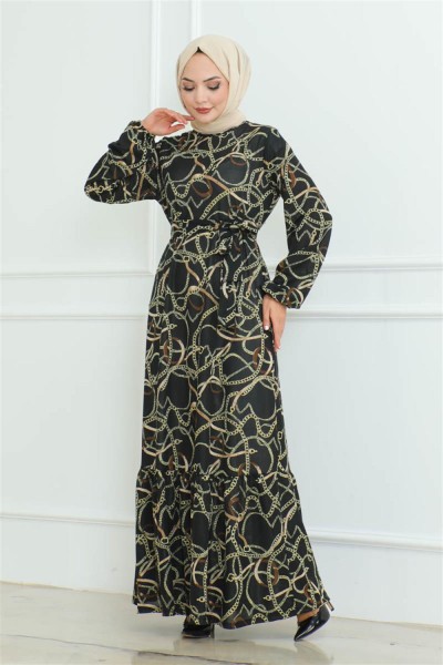 Büzgülü Zincir Desenli Elbise SİYAH - Thumbnail
