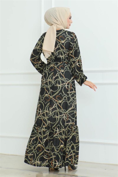 Büzgülü Zincir Desenli Elbise SİYAH - Thumbnail