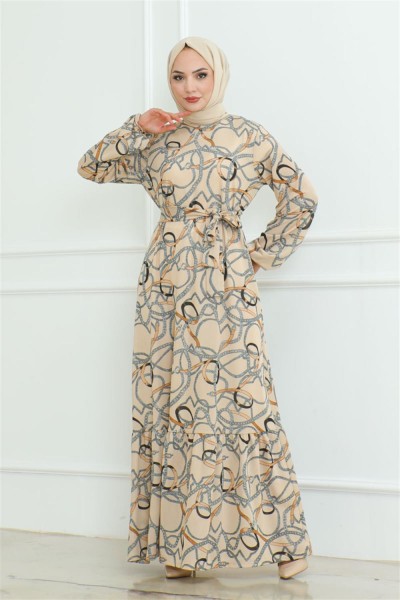 Büzgülü Zincir Desenli Elbise VİZON - Thumbnail