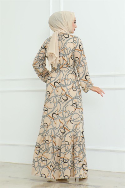 Büzgülü Zincir Desenli Elbise VİZON - Thumbnail