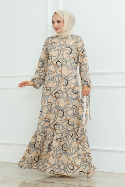 Büzgülü Zincir Desenli Elbise VİZON - Thumbnail