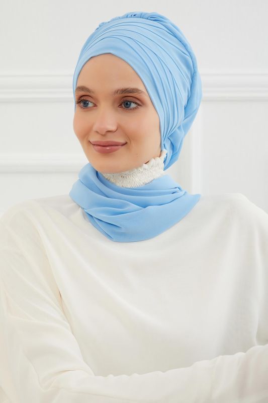 Çapraz Dikim Fularlı Tasarım Şifon Hazır Türban,HT-48 Bebe Mavisi - 1
