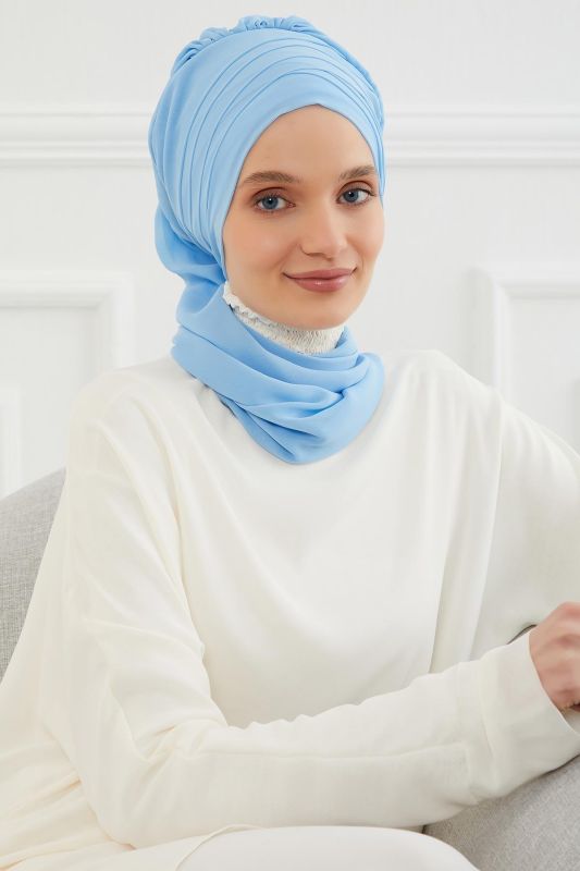 Çapraz Dikim Fularlı Tasarım Şifon Hazır Türban,HT-48 Bebe Mavisi - 6