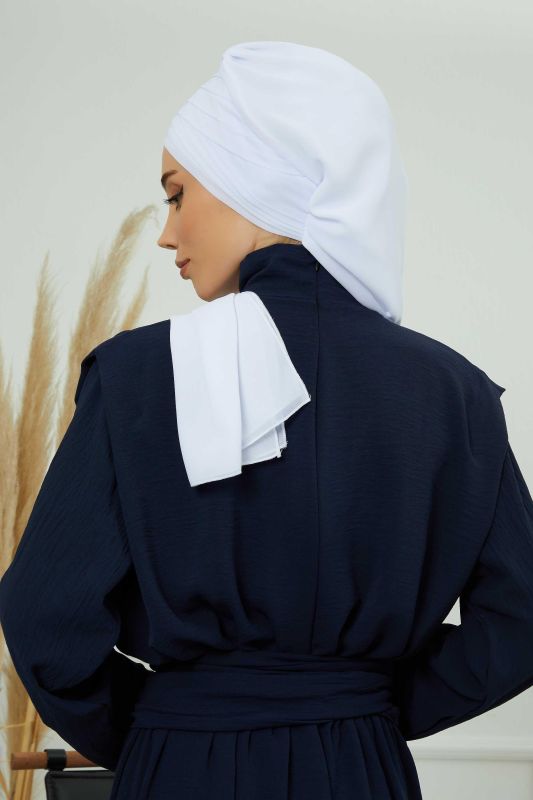 Çapraz Dikim Fularlı Tasarım Şifon Hazır Türban,HT-48 Beyaz - 3