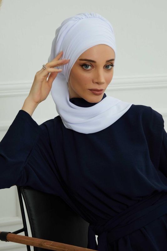 Çapraz Dikim Fularlı Tasarım Şifon Hazır Türban,HT-48 Beyaz - 6
