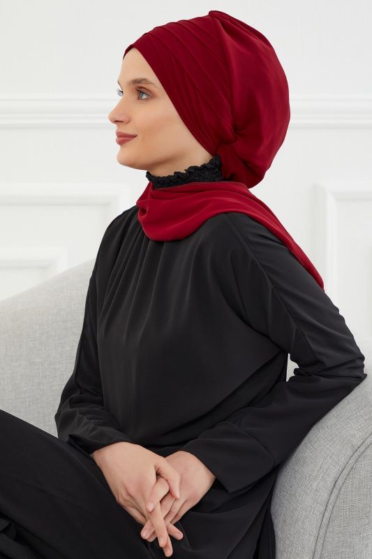 Çapraz Dikim Fularlı Tasarım Şifon Hazır Türban,HT-48 Bordo - 3