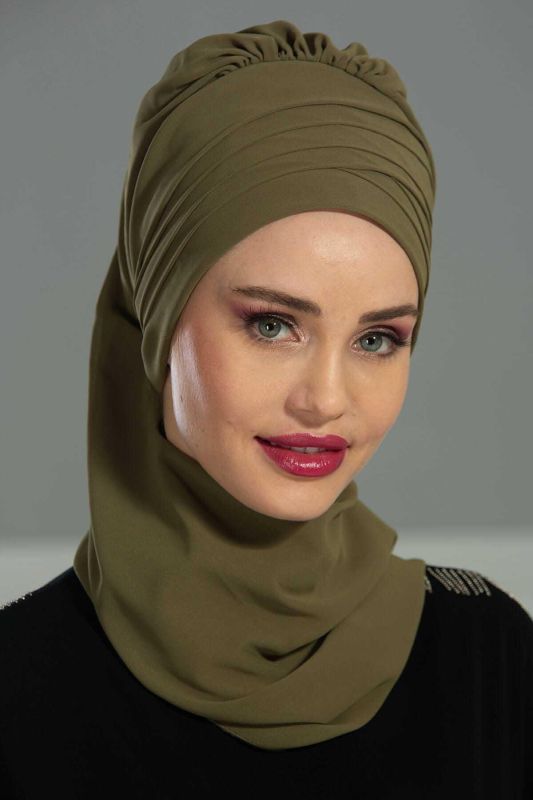 Çapraz Dikim Fularlı Tasarım Şifon Hazır Türban,HT-48 Haki Yeşili - 1