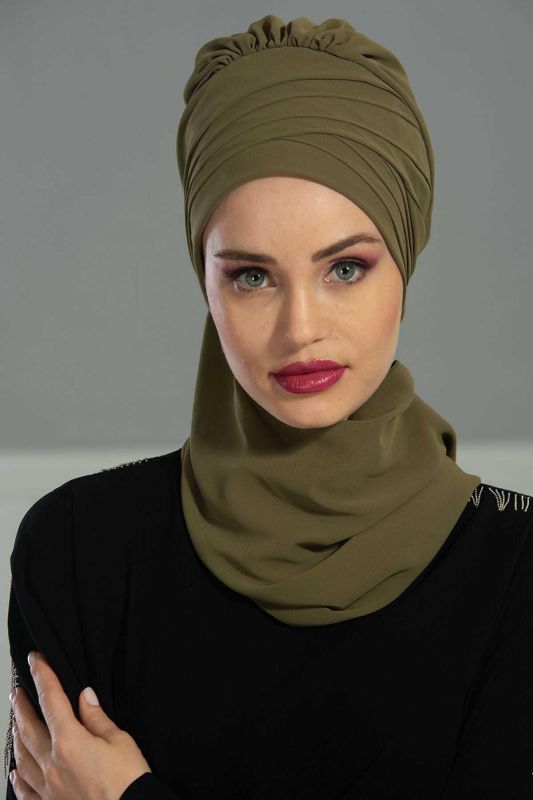Çapraz Dikim Fularlı Tasarım Şifon Hazır Türban,HT-48 Haki Yeşili - 2