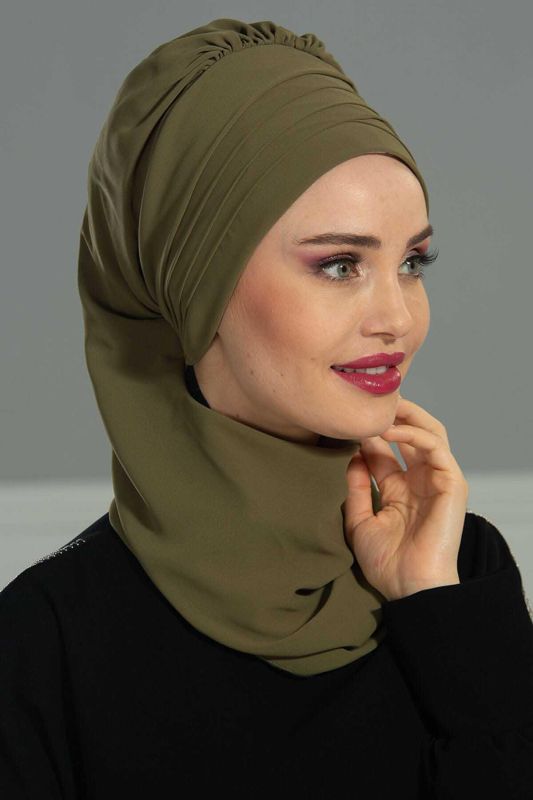 Çapraz Dikim Fularlı Tasarım Şifon Hazır Türban,HT-48 Haki Yeşili - 3