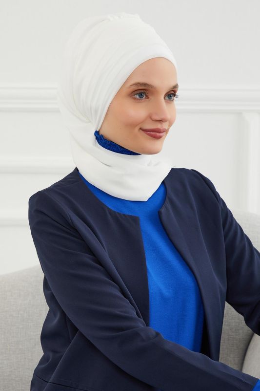 Çapraz Dikim Fularlı Tasarım Şifon Hazır Türban,HT-48 Kırık Beyaz - 8