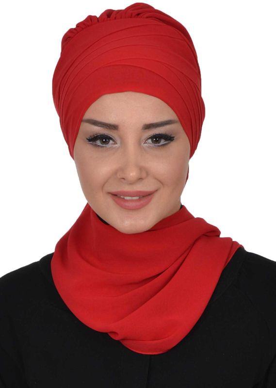 Çapraz Dikim Fularlı Tasarım Şifon Hazır Türban,HT-48 Kırmızı - 1