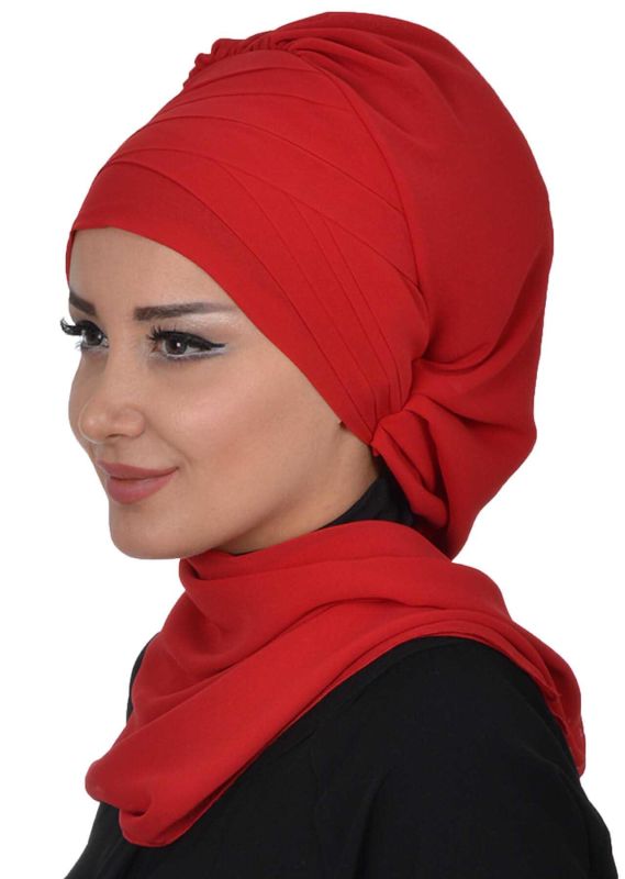 Çapraz Dikim Fularlı Tasarım Şifon Hazır Türban,HT-48 Kırmızı - 4