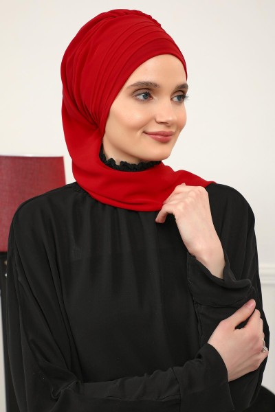 عبر خياطة وشاح تصميم الشيفون وشاح جاهز، HT-48 الأحمر - Thumbnail