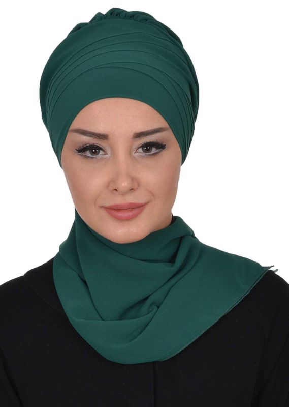 Çapraz Dikim Fularlı Tasarım Şifon Hazır Türban,HT-48 Koyu Yeşil - 1