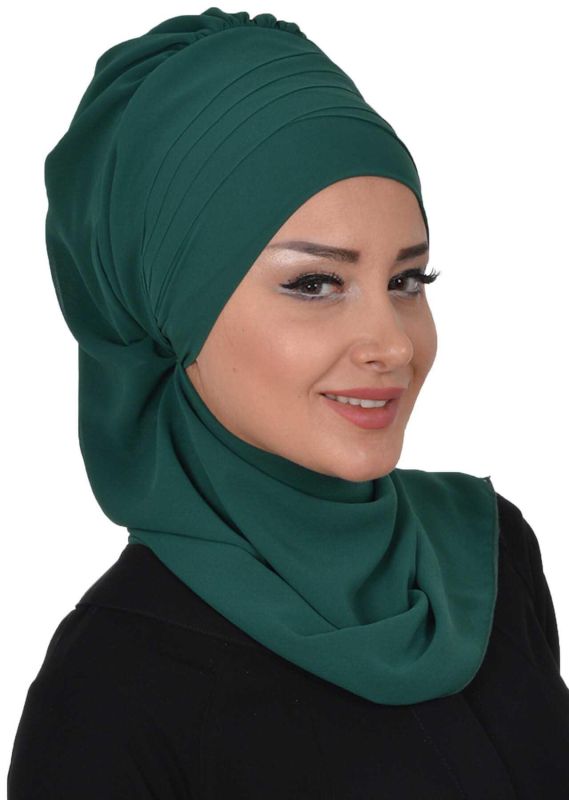 Çapraz Dikim Fularlı Tasarım Şifon Hazır Türban,HT-48 Koyu Yeşil - 2