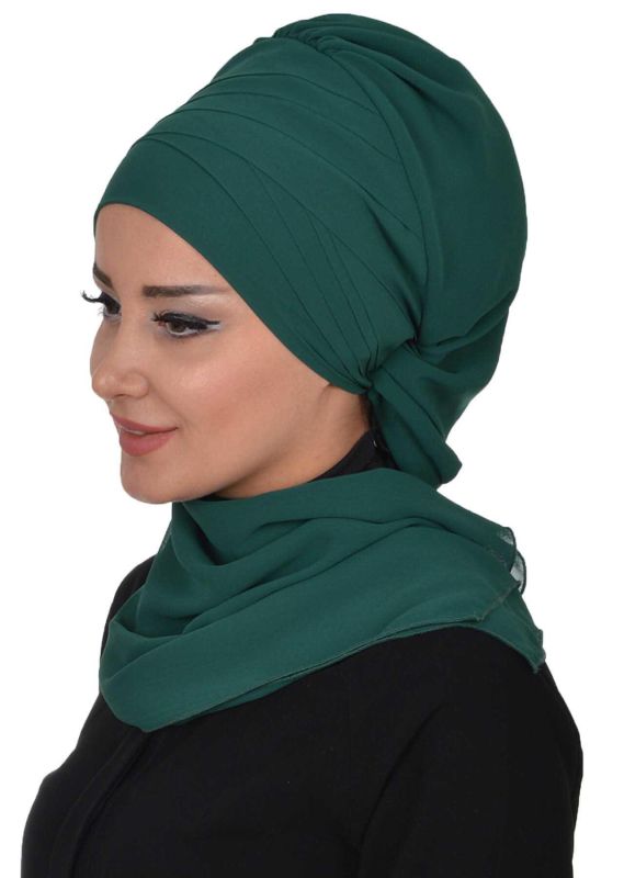 Çapraz Dikim Fularlı Tasarım Şifon Hazır Türban,HT-48 Koyu Yeşil - 3