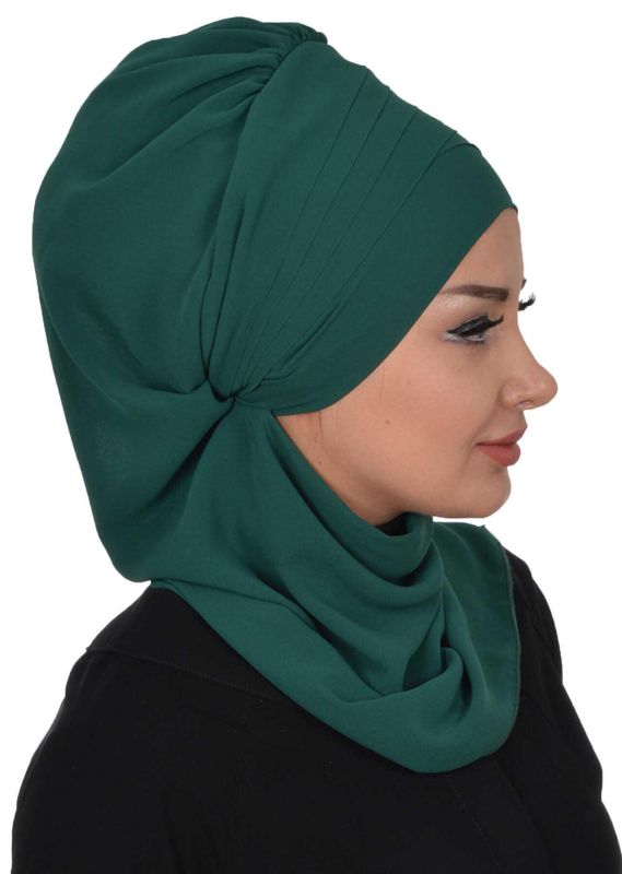 Çapraz Dikim Fularlı Tasarım Şifon Hazır Türban,HT-48 Koyu Yeşil - 4