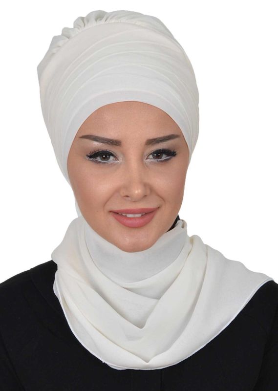 Çapraz Dikim Fularlı Tasarım Şifon Hazır Türban,HT-48 Krem - 1