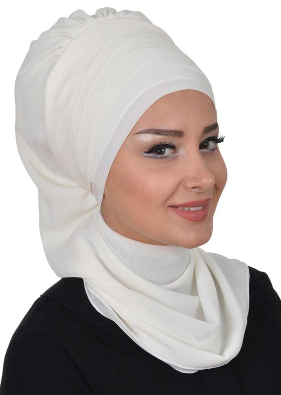 Çapraz Dikim Fularlı Tasarım Şifon Hazır Türban,HT-48 Krem - 2