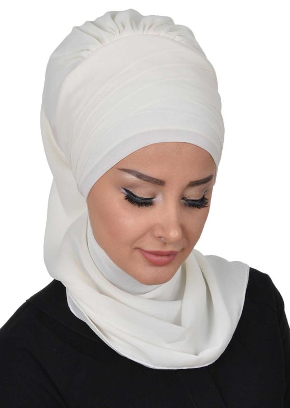 Çapraz Dikim Fularlı Tasarım Şifon Hazır Türban,HT-48 Krem - 3