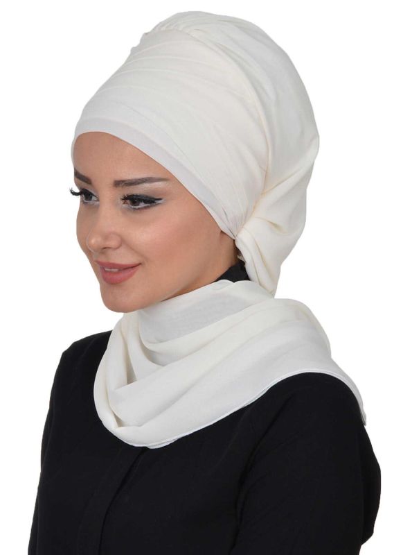 Çapraz Dikim Fularlı Tasarım Şifon Hazır Türban,HT-48 Krem - 4