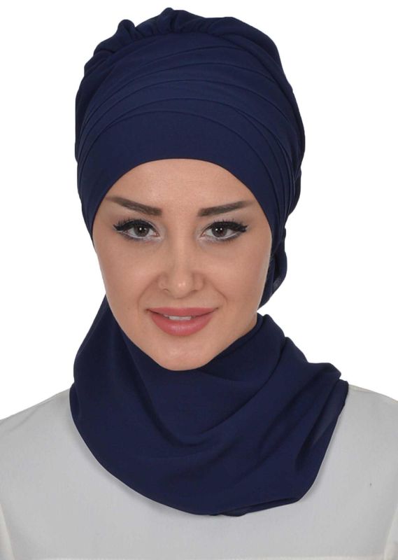 Çapraz Dikim Fularlı Tasarım Şifon Hazır Türban,HT-48 Lacivert - 1