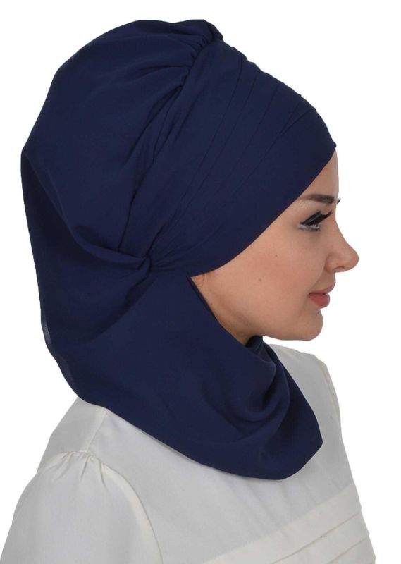Çapraz Dikim Fularlı Tasarım Şifon Hazır Türban,HT-48 Lacivert - 2