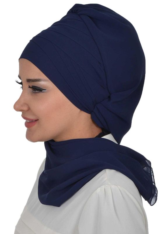 Çapraz Dikim Fularlı Tasarım Şifon Hazır Türban,HT-48 Lacivert - 3