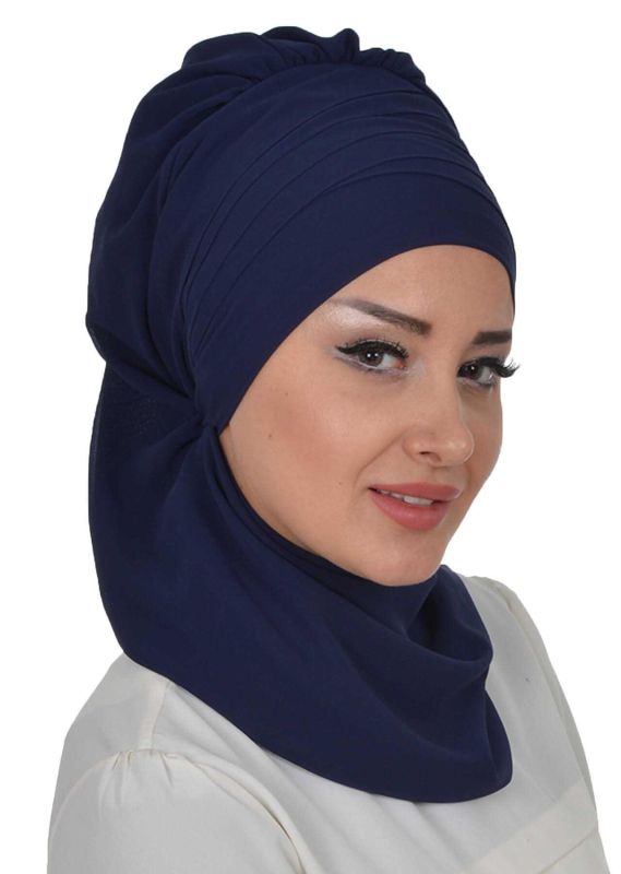 Çapraz Dikim Fularlı Tasarım Şifon Hazır Türban,HT-48 Lacivert - 4