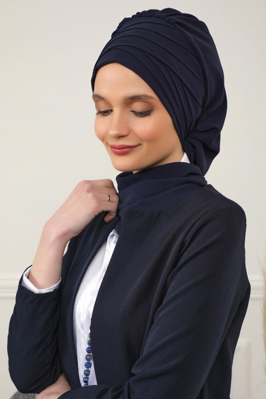 Çapraz Dikim Fularlı Tasarım Şifon Hazır Türban,HT-48 Lacivert - 6